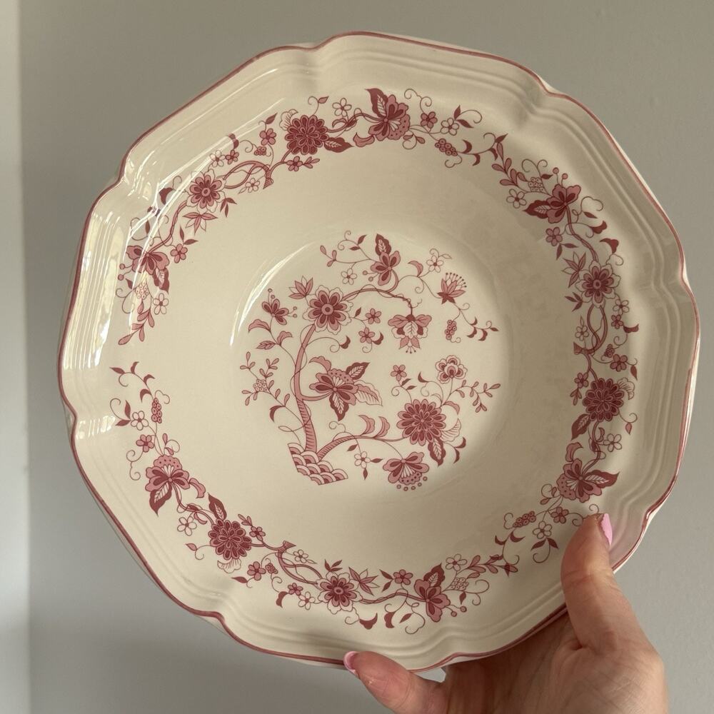 Vintage FW Woolworth Pink Folk Floral 9” Scalloped Serving Bowl Cottagecore - Picture 7 of 8